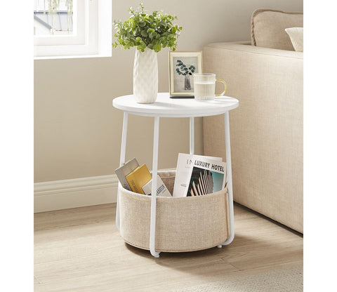 Rootz Round Side Table with Storage Basket - End Table - Nightstand - Fabric Storage Compartment - 45cm x 45cm x 55cm