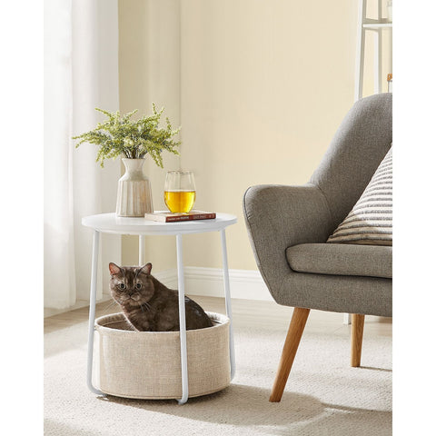 Rootz Round Side Table with Storage Basket - End Table - Nightstand - Fabric Storage Compartment - 45cm x 45cm x 55cm