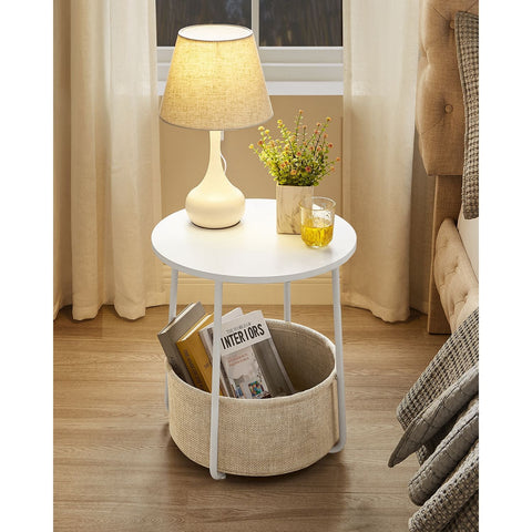 Rootz Round Side Table with Storage Basket - End Table - Nightstand - Fabric Storage Compartment - 45cm x 45cm x 55cm