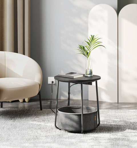 Rootz Side Table with Charging Station - Socket - Black- Grey - Chipboard Steel Polyester - 45cm x 50cm - 4.4kg - 35kg Capacity