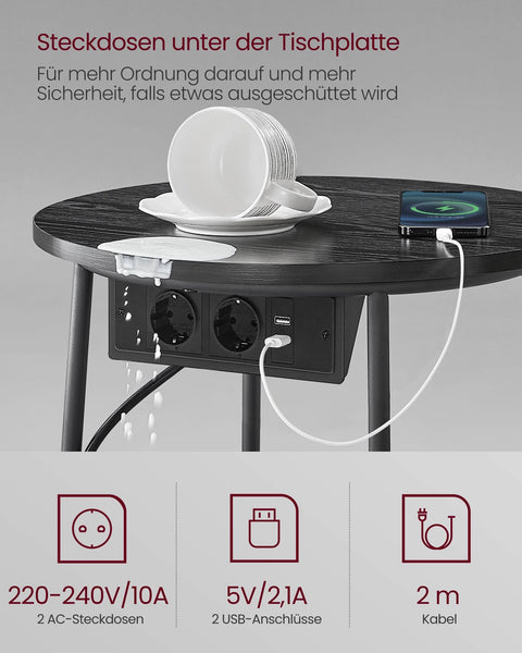 Rootz Side Table with Charging Station - Socket - Black- Grey - Chipboard Steel Polyester - 45cm x 50cm - 4.4kg - 35kg Capacity