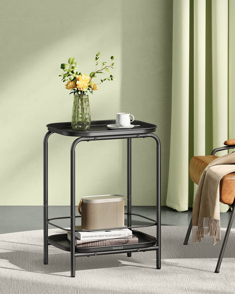 Rootz Modern Ink Black Side Table - 2 Tier - Steel Material - Stylish Design - 30cm x 40cm x 56cm