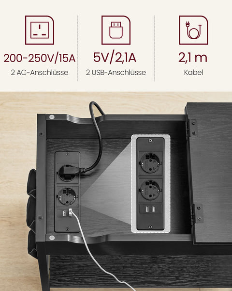 Rootz Side Table with Socket - End Table - Accent Table - Integrated USB Ports - Sturdy Chipboard - 60cm x 31.5cm x 60cm