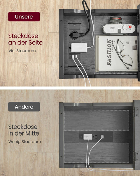 Rootz Side Table with Socket - End Table - Accent Table - Integrated USB Ports - Sturdy Chipboard - 60cm x 31.5cm x 60cm