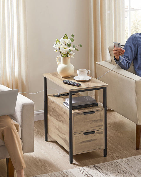 Rootz Side Table - End Table - Bedside Table - Power Strip - Chipboard & Steel - 60cm x 35cm x 61cm