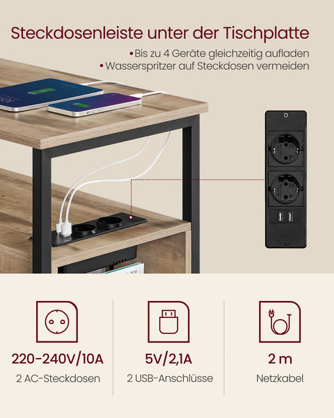Rootz Side Table - End Table - Bedside Table - Power Strip - Chipboard & Steel - 60cm x 35cm x 61cm