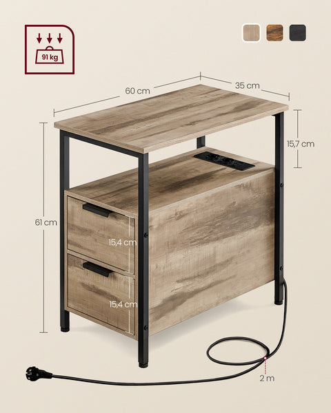 Rootz Side Table - End Table - Bedside Table - Power Strip - Chipboard & Steel - 60cm x 35cm x 61cm