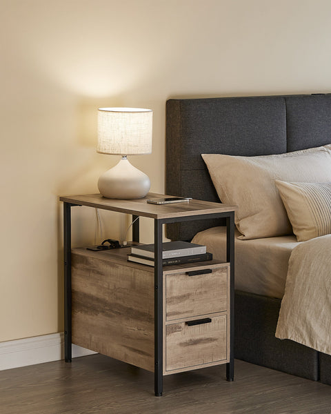 Rootz Side Table - End Table - Bedside Table - Power Strip - Chipboard & Steel - 60cm x 35cm x 61cm