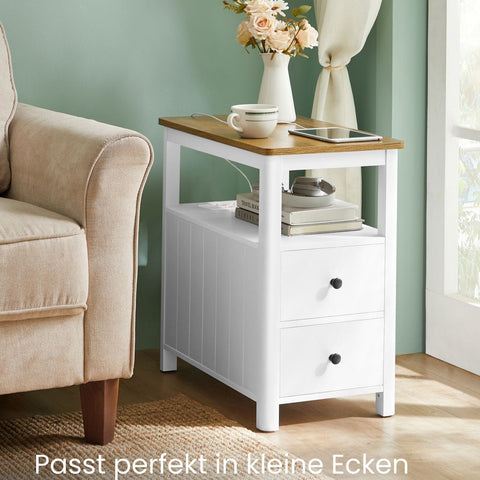 Rootz Side Table with Power Strip - End Table - Nightstand - Wood Chipboard - MDF - Walnut Brown-White - 60cm x 35cm x 60cm - 17kg - 90kg Max Load Capacity