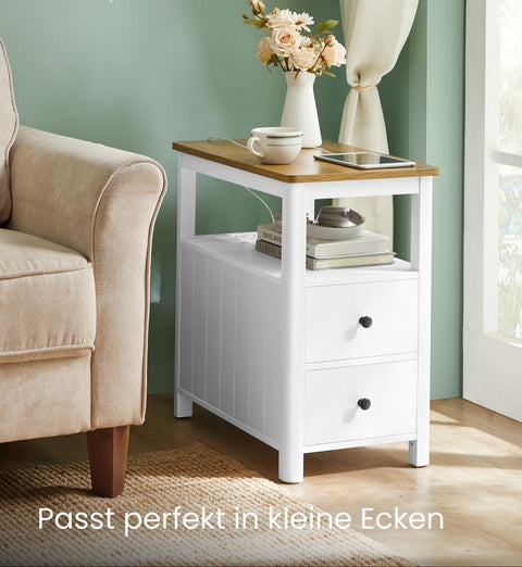 Rootz Narrow Side Table - Accent Table - End Table - Built-in Power Strip - 60cm x 35cm x 60cm - Brown & White