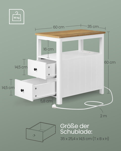 Rootz Narrow Side Table - Accent Table - End Table - Built-in Power Strip - 60cm x 35cm x 60cm - Brown & White