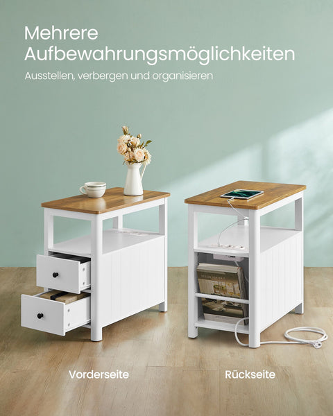 Rootz Side Table with Power Strip - End Table - Nightstand - Wood Chipboard - MDF - Walnut Brown-White - 60cm x 35cm x 60cm - 17kg - 90kg Max Load Capacity