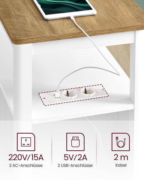 Rootz Narrow Side Table - Accent Table - End Table - Built-in Power Strip - 60cm x 35cm x 60cm - Brown & White