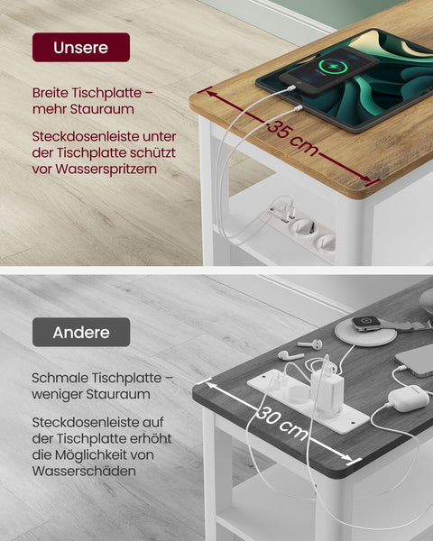 Rootz Narrow Side Table - Accent Table - End Table - Built-in Power Strip - 60cm x 35cm x 60cm - Brown & White