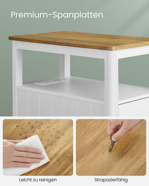 Rootz Side Table with Power Strip - End Table - Nightstand - Wood Chipboard - MDF - Walnut Brown-White - 60cm x 35cm x 60cm - 17kg - 90kg Max Load Capacity