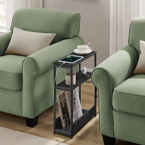 Rootz Bedside Table with Socket - Nightstand - End Table - Chipboard Steel - 18cm x 45cm x 58cm - Ebony Black-Ink Black - Cable Management - Easy Assembly - Sturdy Construction