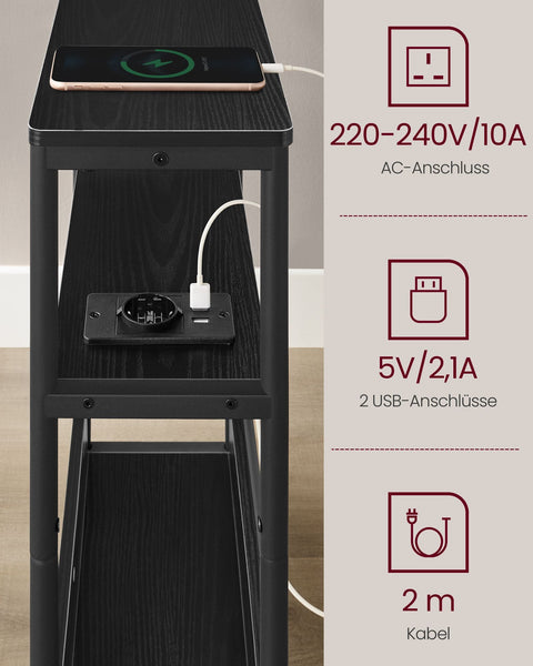 Rootz Bedside Table with Socket - Nightstand - End Table - Chipboard Steel - 18cm x 45cm x 58cm - Ebony Black-Ink Black - Cable Management - Easy Assembly - Sturdy Construction