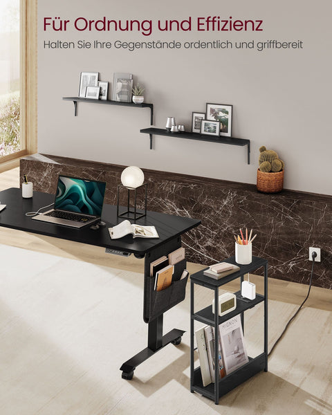 Rootz Bedside Table with Socket - Nightstand - End Table - Chipboard Steel - 18cm x 45cm x 58cm - Ebony Black-Ink Black - Cable Management - Easy Assembly - Sturdy Construction