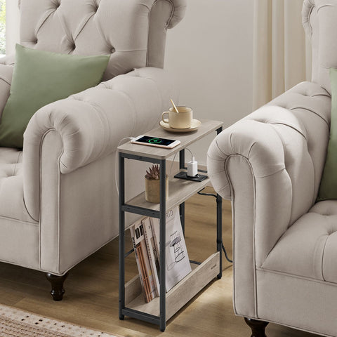 Rootz Bedside Table with Socket - Nightstand - End Table - Chipboard and Steel - Greige Mottled-Ink Black - 18cm x 45cm x 58cm - 4.4kg - 100kg Load Capacity