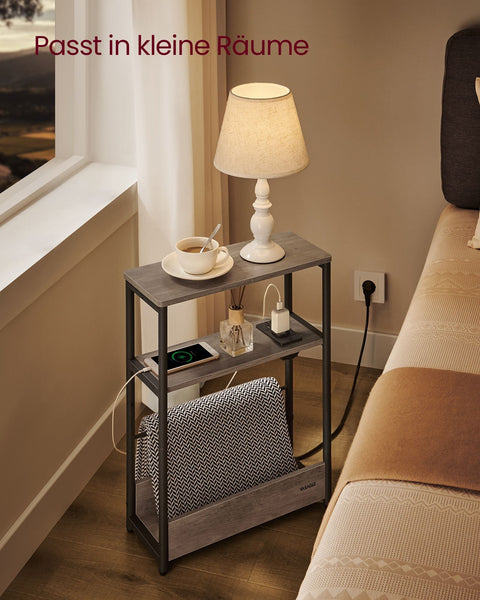 Rootz Bedside Table with Socket - Nightstand - End Table - Chipboard and Steel - Greige Mottled-Ink Black - 18cm x 45cm x 58cm - 4.4kg - 100kg Load Capacity