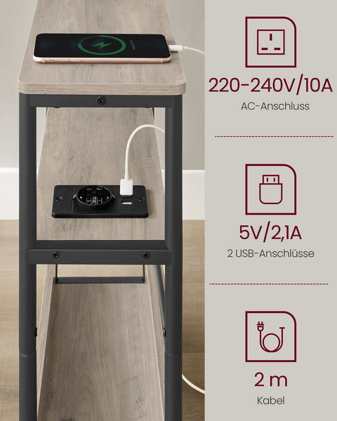 Rootz Bedside Table with Socket - Nightstand - End Table - Chipboard and Steel - Greige Mottled-Ink Black - 18cm x 45cm x 58cm - 4.4kg - 100kg Load Capacity
