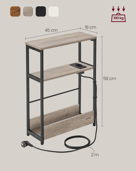 Rootz Bedside Table with Socket - Nightstand - End Table - Chipboard and Steel - Greige Mottled-Ink Black - 18cm x 45cm x 58cm - 4.4kg - 100kg Load Capacity