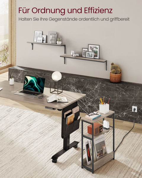 Rootz Bedside Table with Socket - Nightstand - End Table - Chipboard and Steel - Greige Mottled-Ink Black - 18cm x 45cm x 58cm - 4.4kg - 100kg Load Capacity