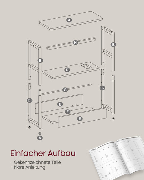 Rootz Bedside Table with Socket - Nightstand - End Table - Chipboard and Steel - Greige Mottled-Ink Black - 18cm x 45cm x 58cm - 4.4kg - 100kg Load Capacity