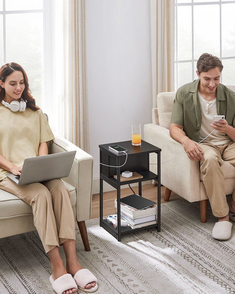 Rootz Supplement Side Table - Accent Table - End Table - USB+AC Connections - Black Chipboard & Steel - 30x34x58cm