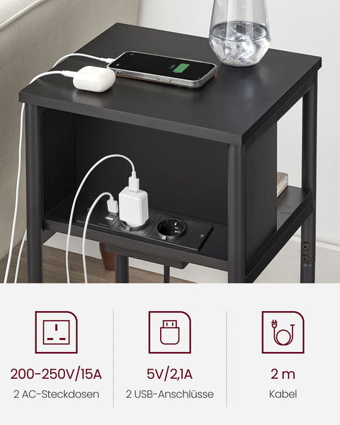 Rootz Supplement Side Table - Accent Table - End Table - USB+AC Connections - Black Chipboard & Steel - 30x34x58cm