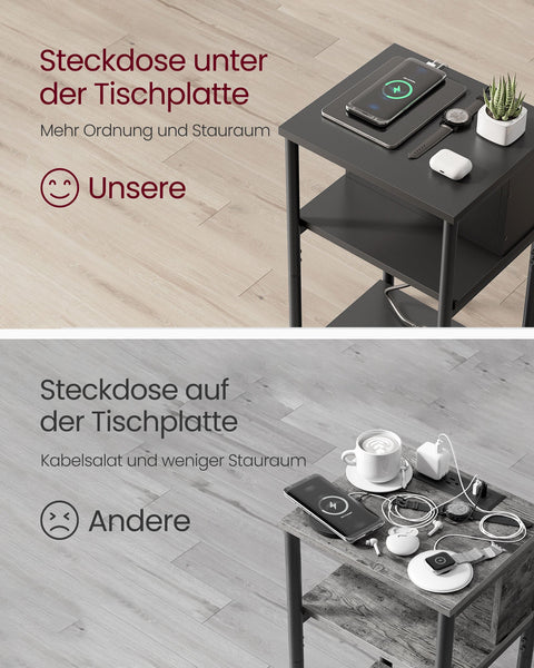 Rootz Supplement Side Table - Accent Table - End Table - USB+AC Connections - Black Chipboard & Steel - 30x34x58cm