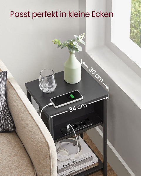 Rootz Supplement Side Table - Accent Table - End Table - USB+AC Connections - Black Chipboard & Steel - 30x34x58cm