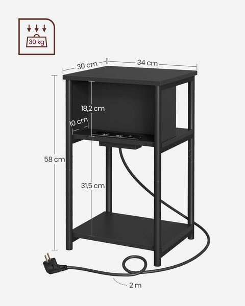 Rootz Supplement Side Table - Accent Table - End Table - USB+AC Connections - Black Chipboard & Steel - 30x34x58cm