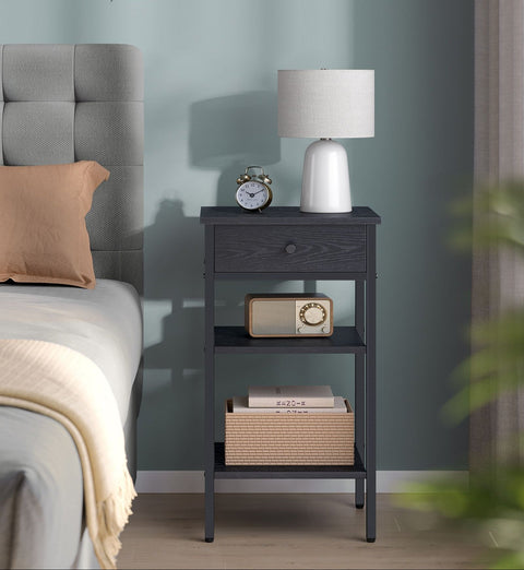 Rootz Bedside Table - Nightstand - Bedroom Cabinet - Ample Storage - 35 x 35 x 70 cm -  Black - Chipboard & Steel