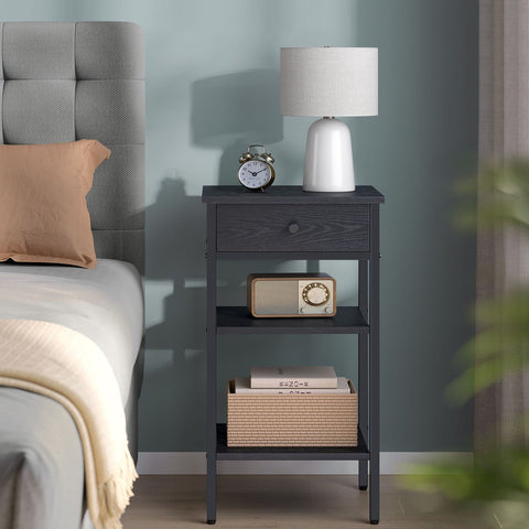 Rootz Side Table - Bedside Table - Nightstand - Chipboard Steel - 35cm x 35cm x 70cm - Ebony Black-Ink Black - 20kg Capacity