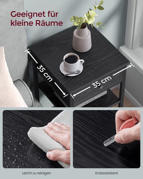 Rootz Side Table - Bedside Table - Nightstand - Chipboard Steel - 35cm x 35cm x 70cm - Ebony Black-Ink Black - 20kg Capacity