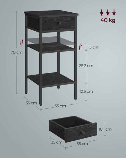 Rootz Bedside Table - Nightstand - Bedroom Cabinet - Ample Storage - 35 x 35 x 70 cm -  Black - Chipboard & Steel