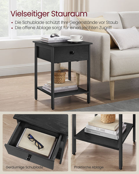 Rootz Set of 2 Ebony Black Bedside Tables - Nightstands - Chipboard and Steel Construction - 40cm x 40cm x 55cm - Max. 40kg Load Capacity - Drawer and Shelf Storage - Easy Assembly