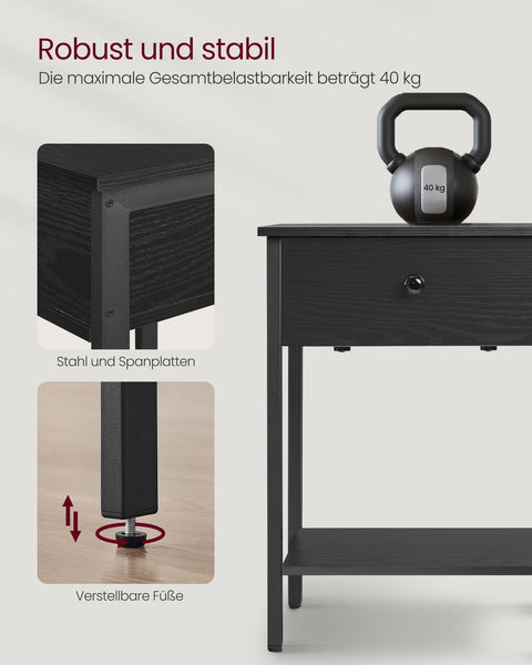 Rootz Set of 2 Ebony Black Bedside Tables - Nightstands - Chipboard and Steel Construction - 40cm x 40cm x 55cm - Max. 40kg Load Capacity - Drawer and Shelf Storage - Easy Assembly