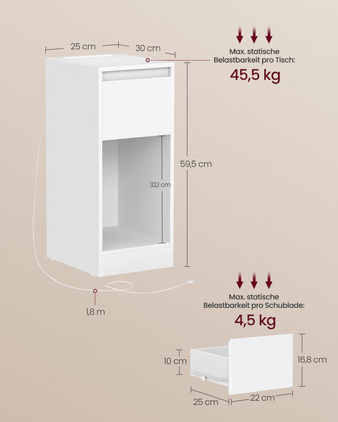 Rootz White Bedside Table - Nightstand - Side Table - Durable & Space Saving - 30cm x 25cm x 59.5cm