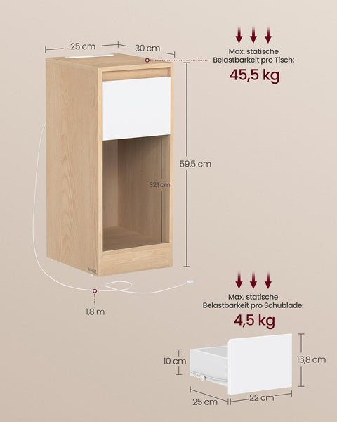 Rootz Bedside Table - Nightstand - Bedroom Storage - Sturdy MDF & Chipboard - Compact Design - Brown 30 x 25 x 59.5 cm