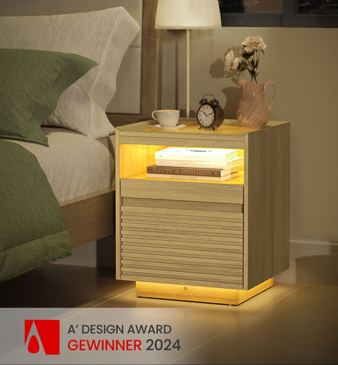 Rootz Bedside Table with LED Lighting - Nightstand - Pull-Out Shelf - Brown - 40cm x 45cm x 55cm