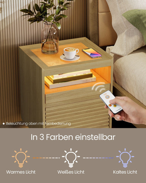 Rootz Bedside Table with LED Lighting - Nightstand - Pull-Out Shelf - Brown - 40cm x 45cm x 55cm