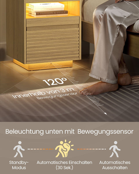 Rootz Bedside Table with LED Lighting - Nightstand - Pull-Out Shelf - Brown - 40cm x 45cm x 55cm