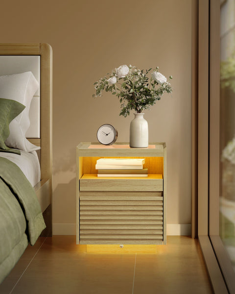 Rootz Bedside Table with LED Lighting - Nightstand - Pull-Out Shelf - Brown - 40cm x 45cm x 55cm