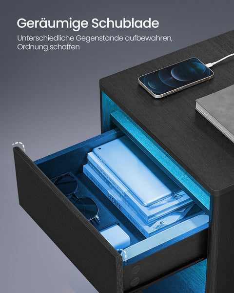 Rootz Bedside Table with LED Lighting - Nightstand - Bedside Cabinet - Modern Design - 35cm x 40cm x 55cm - Black