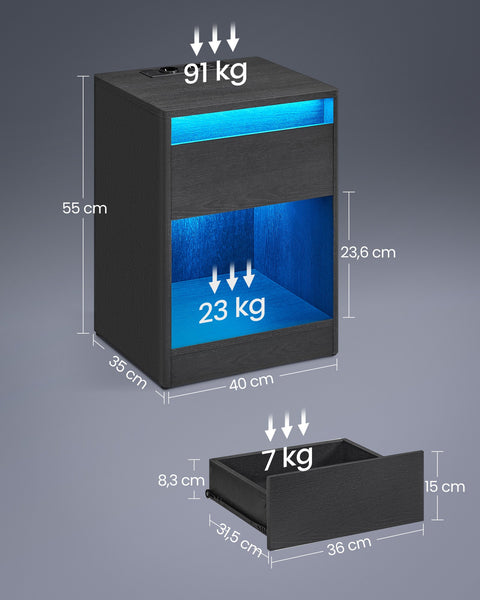 Rootz Bedside Table with LED Lighting - Nightstand - Bedside Cabinet - Modern Design - 35cm x 40cm x 55cm - Black