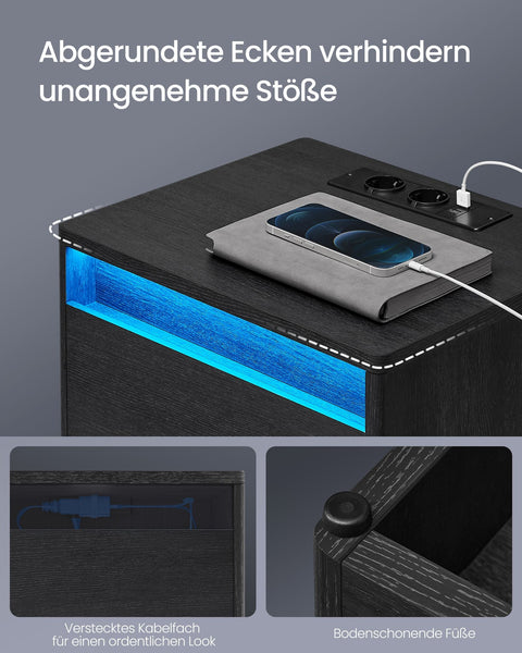 Rootz Bedside Table with Sockets - Nightstand - End Table - MDF Chipboard - Ample Storage - 35cm x 40cm x 55cm - Ash Black