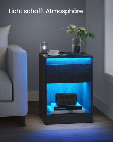 Rootz Bedside Table with Sockets - Nightstand - End Table - MDF Chipboard - Ample Storage - 35cm x 40cm x 55cm - Ash Black