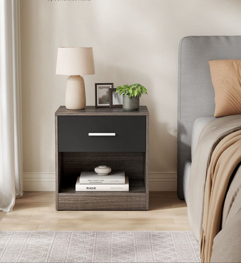 Rootz Side Table with Drawer - Nightstand - Bedside Table - Max Load 75kg - 28cm x 39cm x 41cm - Chestnut Brown-Ink Black